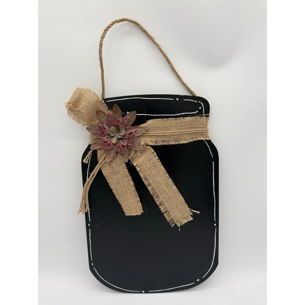 Mason Jar Chalk Board With Rope For Hanging Burlap And Metal Flower